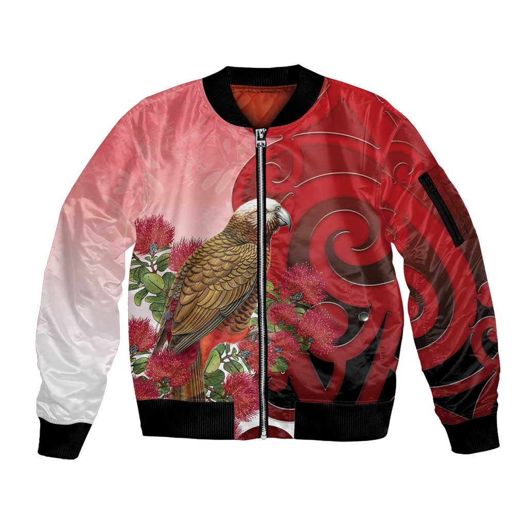 New Zealand Parrot Kaka Sleeve Zip Bomber Jacket Maori Koru With Pohutukawa Flowers - Polynesian Pride