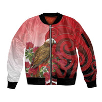 New Zealand Parrot Kaka Sleeve Zip Bomber Jacket Maori Koru With Pohutukawa Flowers - Polynesian Pride