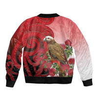 New Zealand Parrot Kaka Sleeve Zip Bomber Jacket Maori Koru With Pohutukawa Flowers - Polynesian Pride