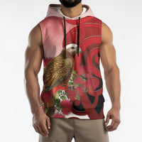 New Zealand Parrot Kaka Sleeveless Hoodie Maori Koru With Pohutukawa Flowers - Polynesian Pride