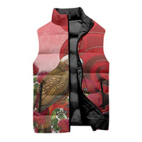 New Zealand Parrot Kaka Sleeveless Puffer Jacket Maori Koru With Pohutukawa Flowers - Polynesian Pride