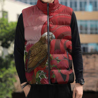 New Zealand Parrot Kaka Sleeveless Puffer Jacket Maori Koru With Pohutukawa Flowers - Polynesian Pride