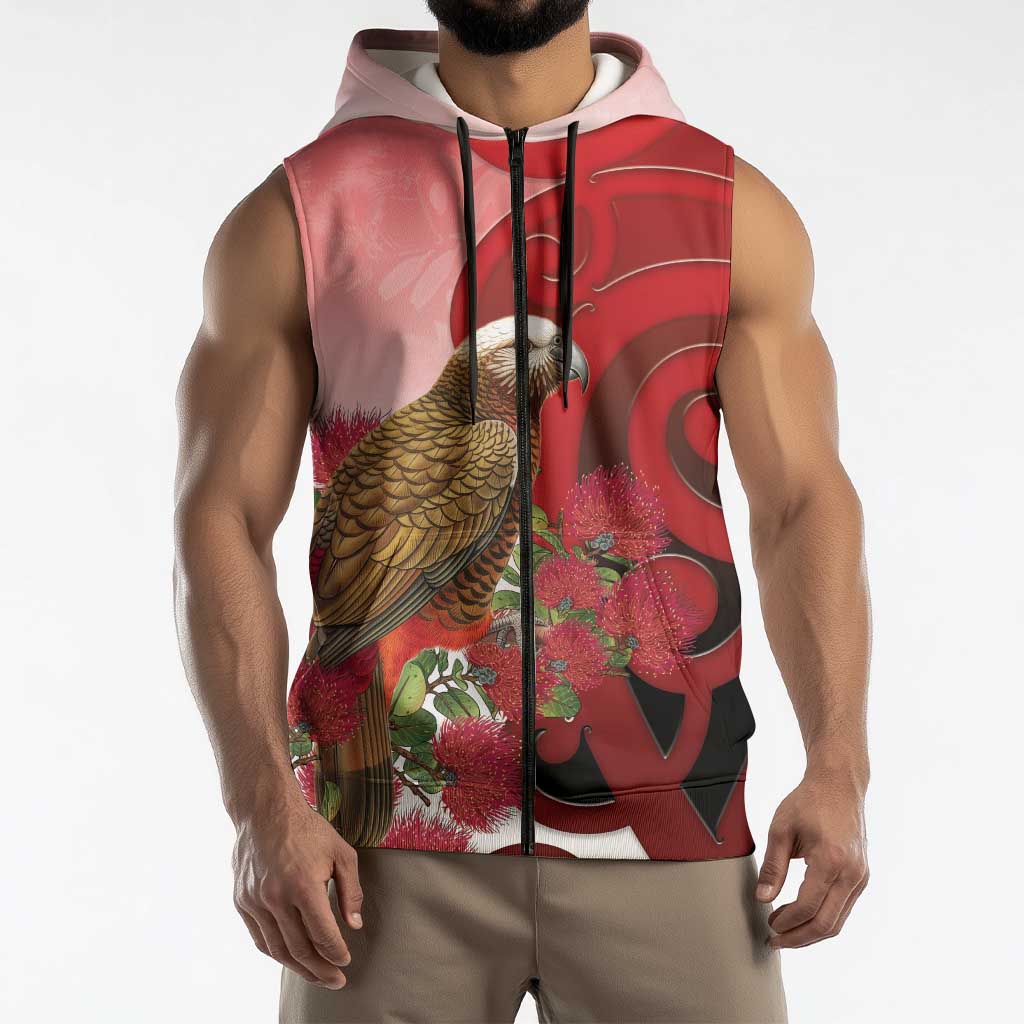 New Zealand Parrot Kaka Sleeveless Zip Hoodie Maori Koru With Pohutukawa Flowers LT05 - Polynesian Pride