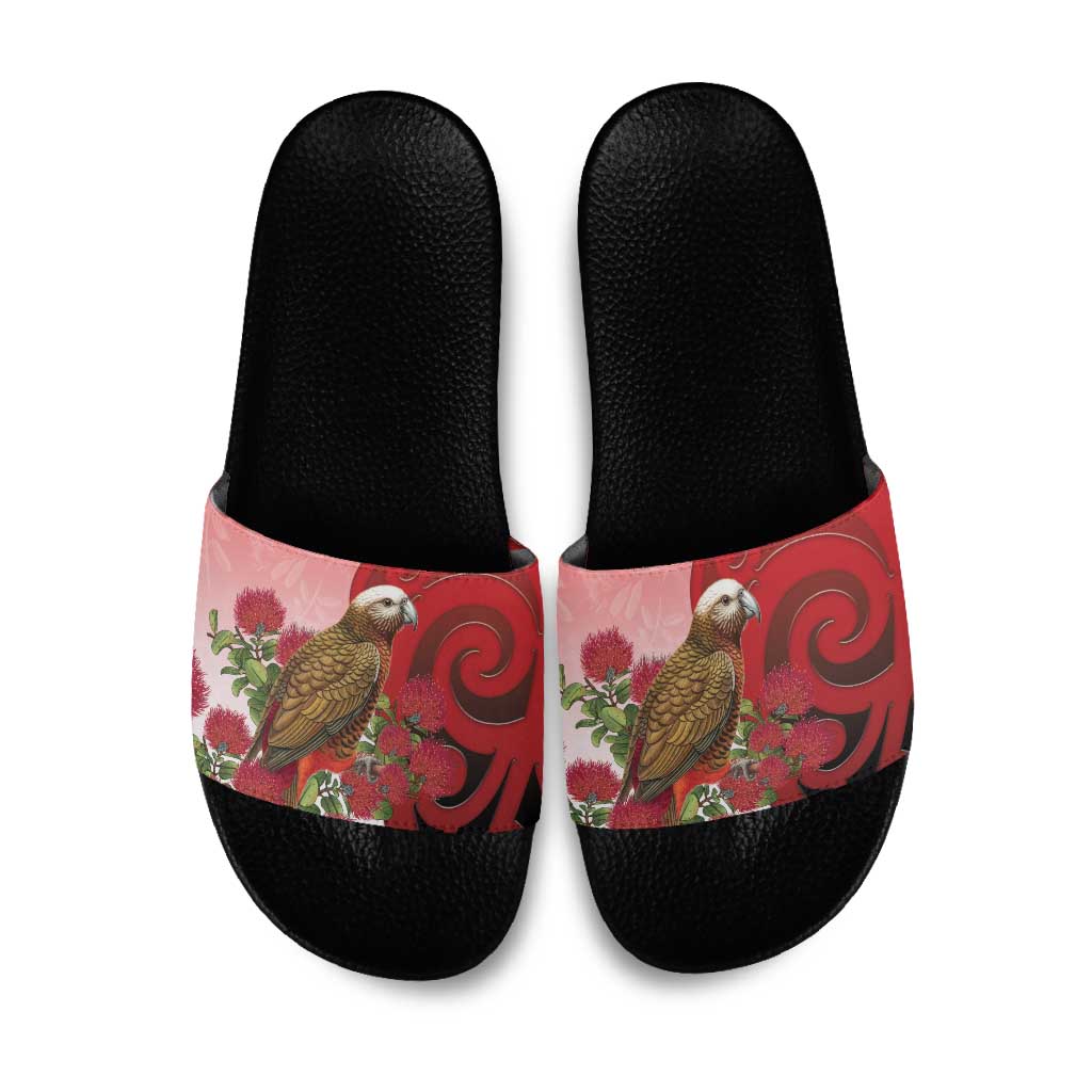 New Zealand Parrot Kaka Slide Sandals Maori Koru With Pohutukawa Flowers - Polynesian Pride