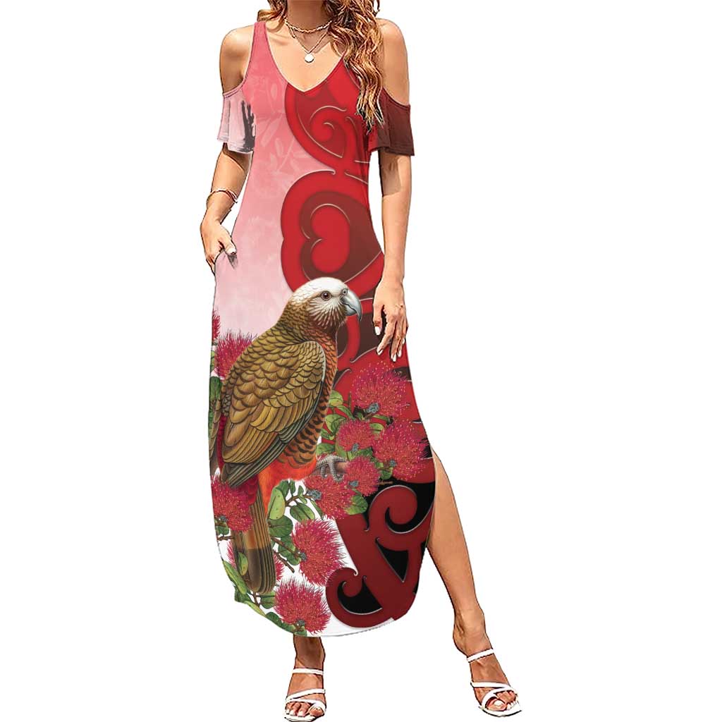 New Zealand Parrot Kaka Summer Maxi Dress Maori Koru With Pohutukawa Flowers - Polynesian Pride