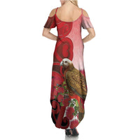 New Zealand Parrot Kaka Summer Maxi Dress Maori Koru With Pohutukawa Flowers - Polynesian Pride