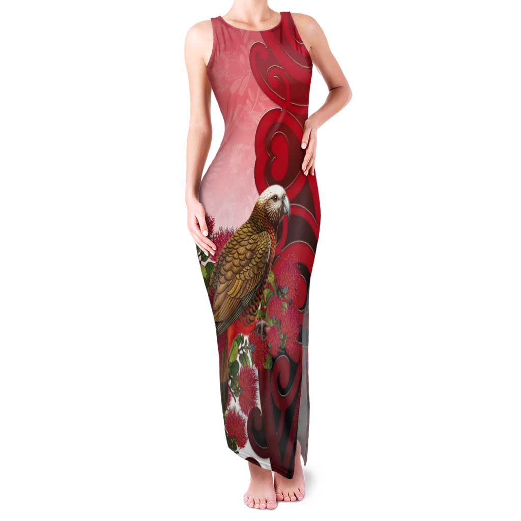 New Zealand Parrot Kaka Tank Maxi Dress Maori Koru With Pohutukawa Flowers LT05 Women Red - Polynesian Pride