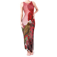 New Zealand Parrot Kaka Tank Maxi Dress Maori Koru With Pohutukawa Flowers LT05 Women Red - Polynesian Pride