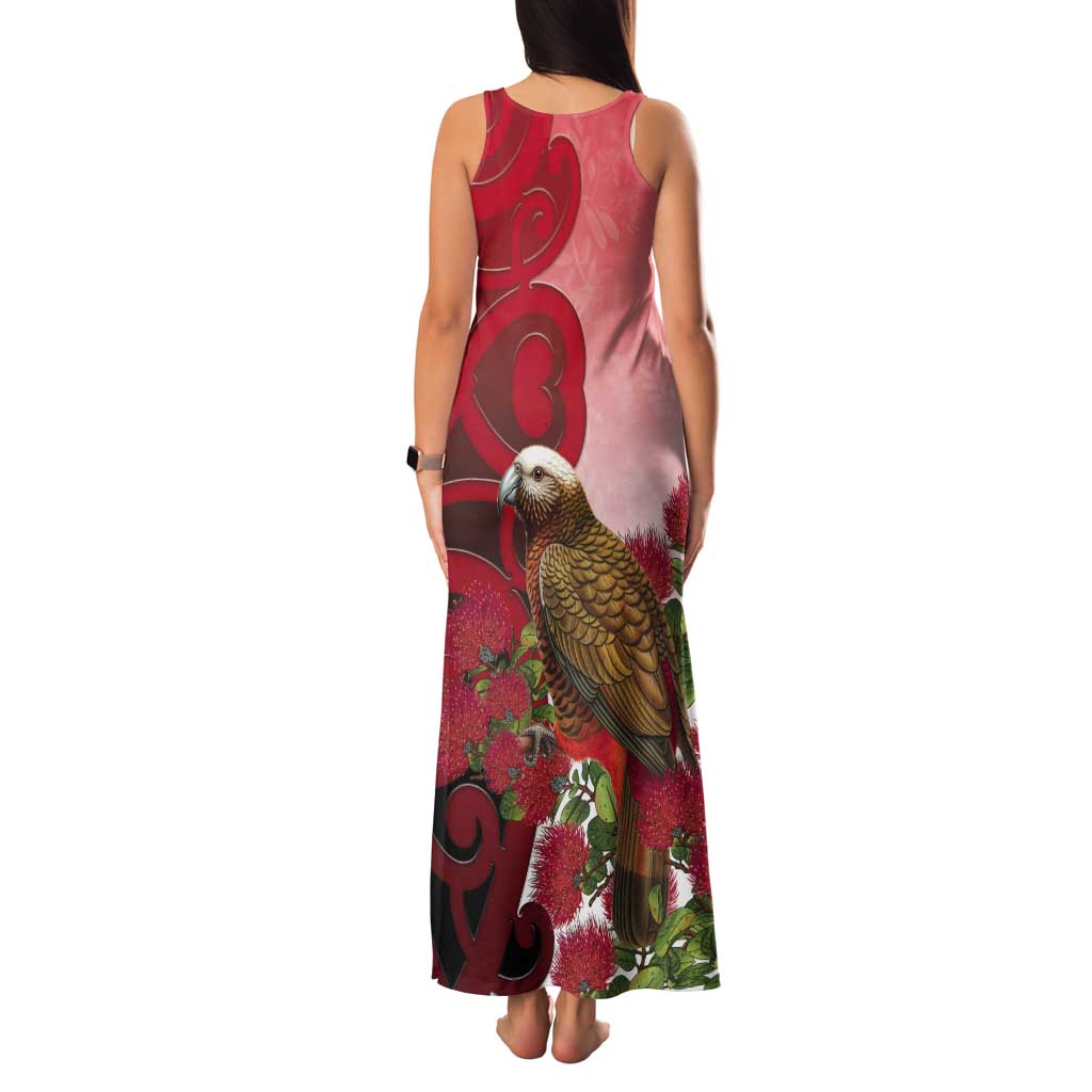 New Zealand Parrot Kaka Tank Maxi Dress Maori Koru With Pohutukawa Flowers LT05 - Polynesian Pride