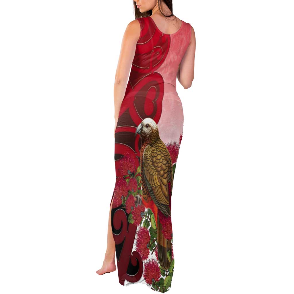 New Zealand Parrot Kaka Tank Maxi Dress Maori Koru With Pohutukawa Flowers LT05 - Polynesian Pride