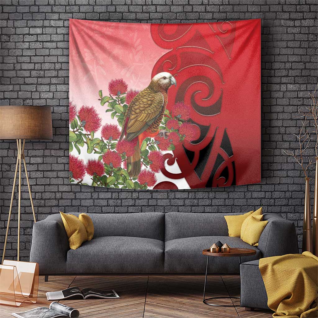 New Zealand Parrot Kaka Tapestry Maori Koru With Pohutukawa Flowers - Polynesian Pride