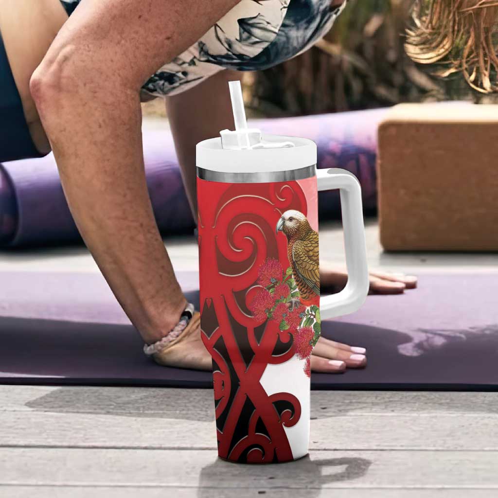 New Zealand Parrot Kaka Tumbler With Handle Maori Koru With Pohutukawa Flowers - Polynesian Pride