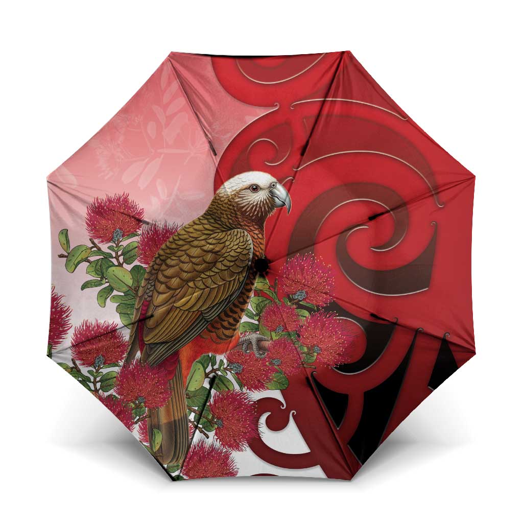 New Zealand Parrot Kaka Umbrella Maori Koru With Pohutukawa Flowers LT05 One Size Folded 11.42 inch Opened Diameter 37.4 inch Red - Polynesian Pride