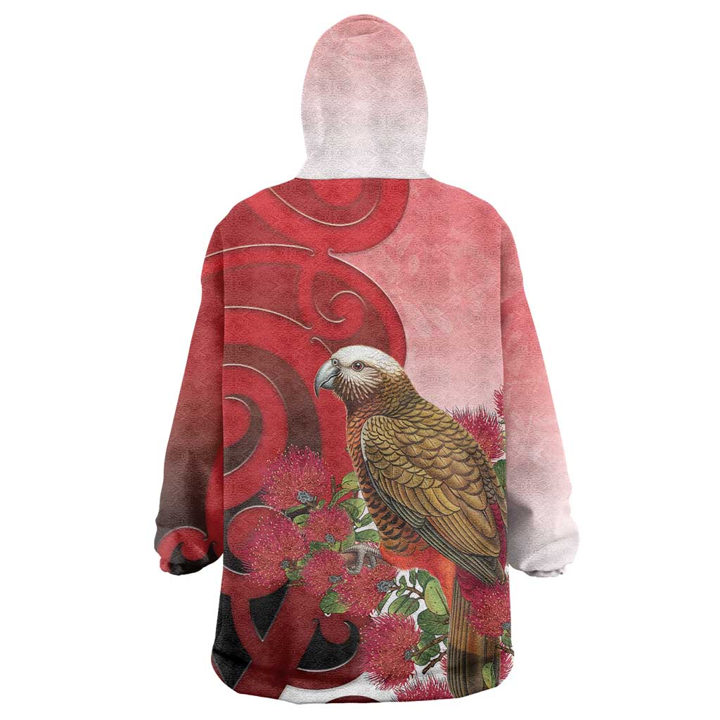 New Zealand Parrot Kaka Wearable Blanket Hoodie Maori Koru With Pohutukawa Flowers LT05 - Polynesian Pride