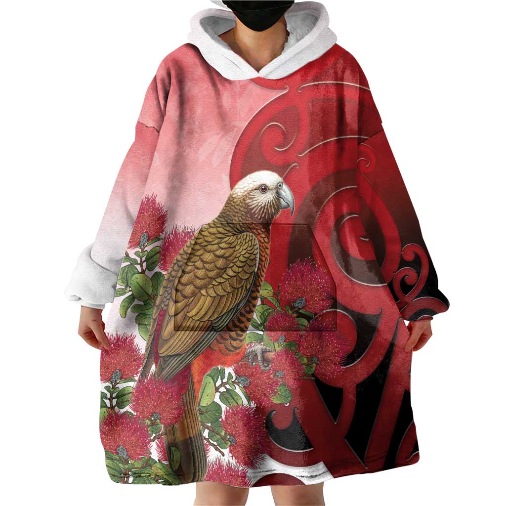 New Zealand Parrot Kaka Wearable Blanket Hoodie Maori Koru With Pohutukawa Flowers LT05 - Polynesian Pride