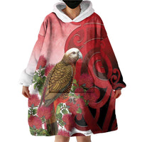 New Zealand Parrot Kaka Wearable Blanket Hoodie Maori Koru With Pohutukawa Flowers LT05 - Polynesian Pride