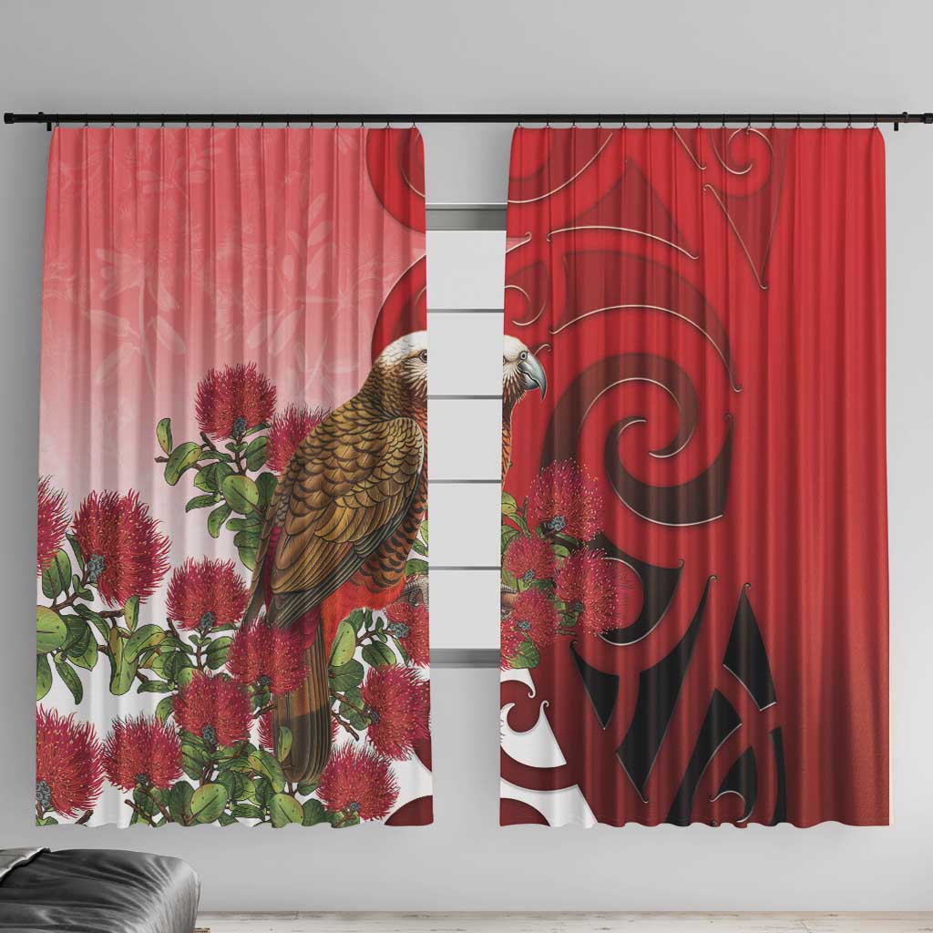 New Zealand Parrot Kaka Window Curtain Maori Koru With Pohutukawa Flowers - Polynesian Pride