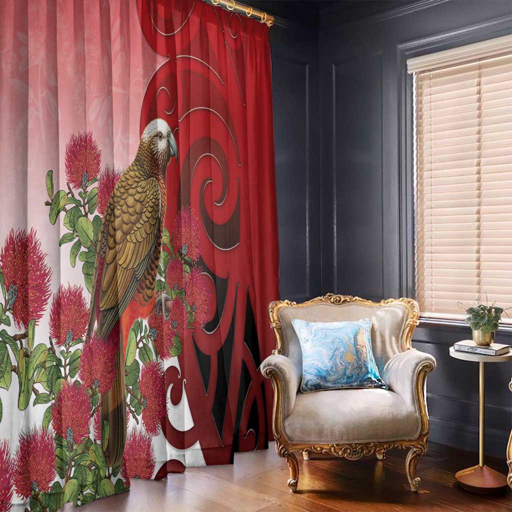 New Zealand Parrot Kaka Window Curtain Maori Koru With Pohutukawa Flowers - Polynesian Pride