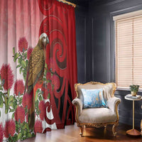 New Zealand Parrot Kaka Window Curtain Maori Koru With Pohutukawa Flowers - Polynesian Pride
