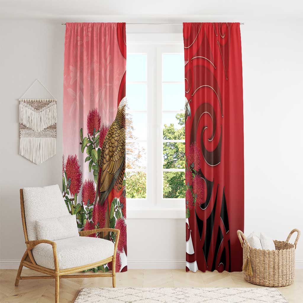 New Zealand Parrot Kaka Window Curtain Maori Koru With Pohutukawa Flowers - Polynesian Pride