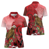 New Zealand Parrot Kaka Women Polo Shirt Maori Koru With Pohutukawa Flowers LT05 - Polynesian Pride