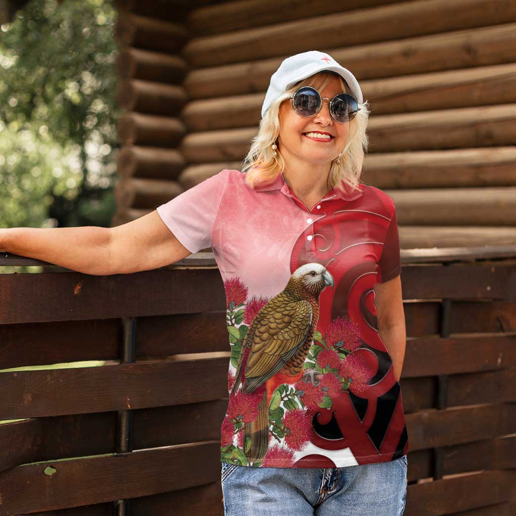 New Zealand Parrot Kaka Women Polo Shirt Maori Koru With Pohutukawa Flowers LT05 - Polynesian Pride