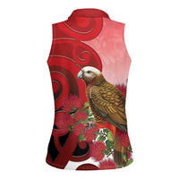 New Zealand Parrot Kaka Women Sleeveless Polo Shirt Maori Koru With Pohutukawa Flowers LT05 - Polynesian Pride