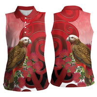 New Zealand Parrot Kaka Women Sleeveless Polo Shirt Maori Koru With Pohutukawa Flowers LT05 - Polynesian Pride