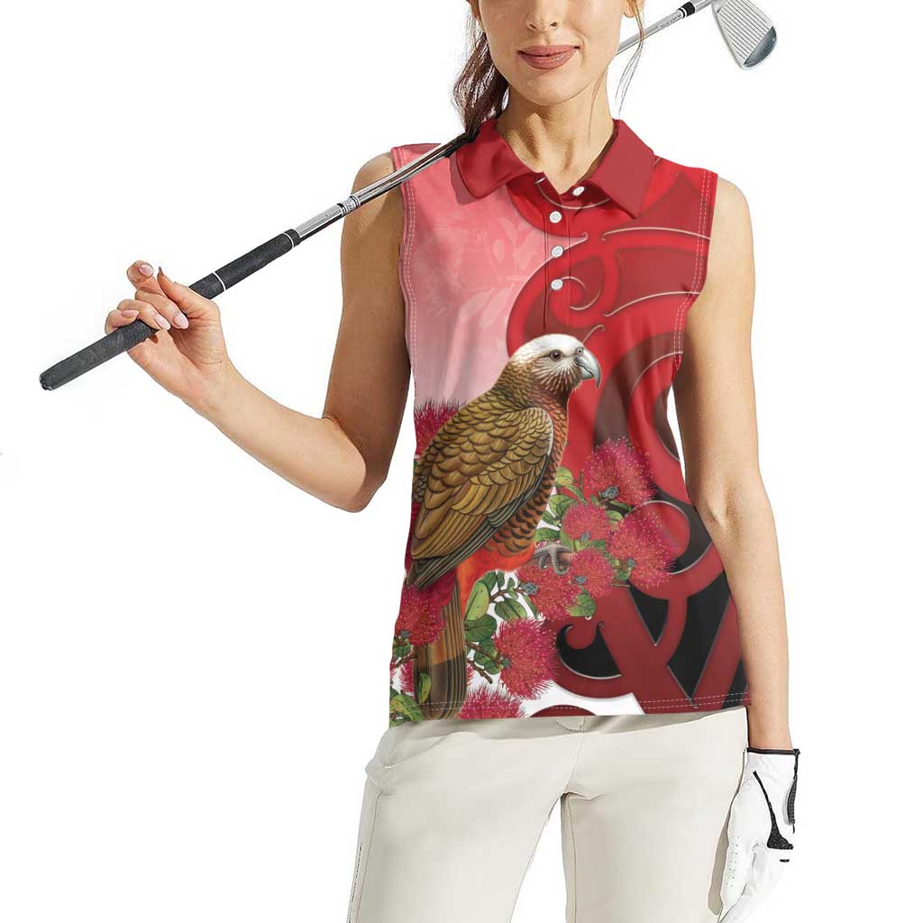 New Zealand Parrot Kaka Women Sleeveless Polo Shirt Maori Koru With Pohutukawa Flowers LT05 - Polynesian Pride