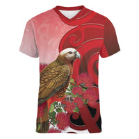 New Zealand Parrot Kaka Women V-Neck T-Shirt Maori Koru With Pohutukawa Flowers LT05 Female Red - Polynesian Pride