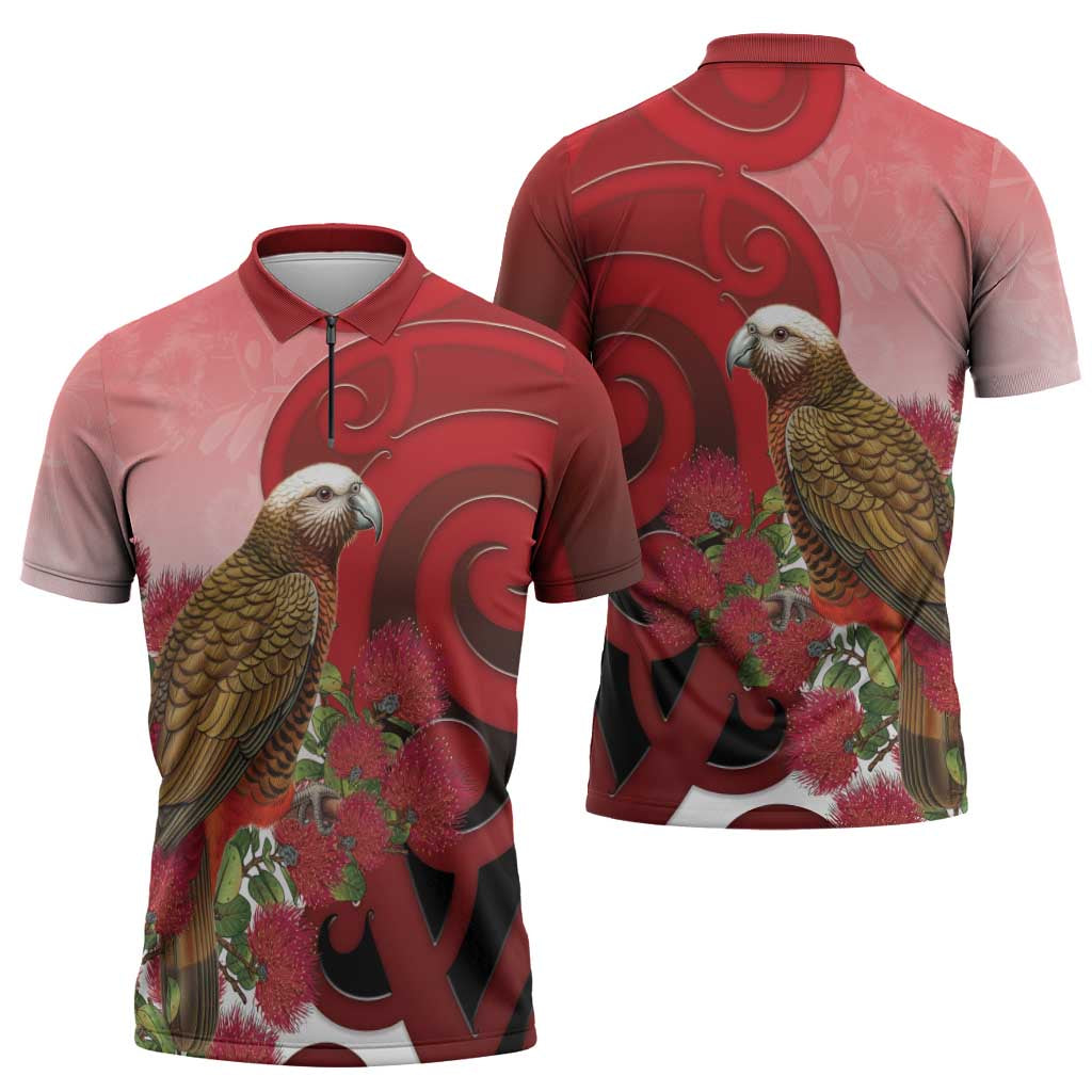 New Zealand Parrot Kaka Zipper Polo Shirt Maori Koru With Pohutukawa Flowers LT05 - Polynesian Pride