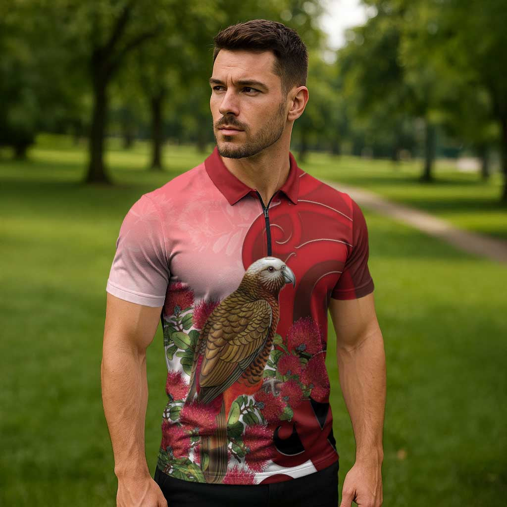 New Zealand Parrot Kaka Zipper Polo Shirt Maori Koru With Pohutukawa Flowers LT05 - Polynesian Pride