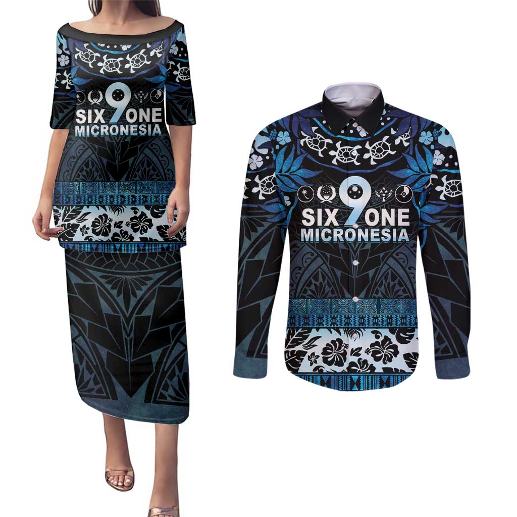 Micronesia FSM 691 Couples Matching Puletasi and Long Sleeve Button Shirt Respect Culture