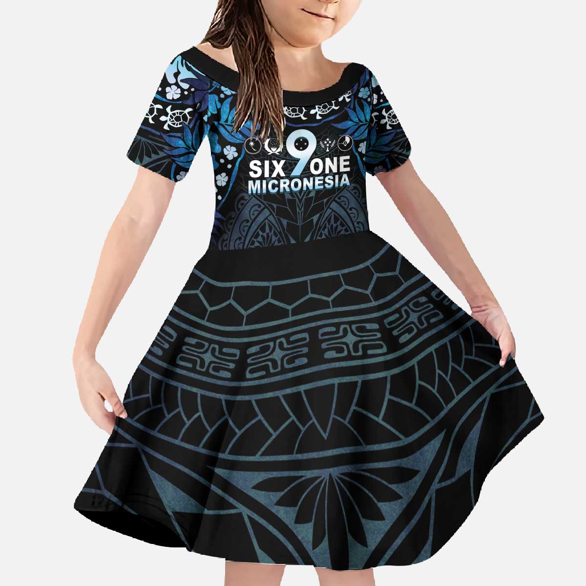 Micronesia FSM 691 Family Matching Off The Shoulder Long Sleeve Dress and Hawaiian Shirt Respect Culture LT05 Daughter's Dress Blue - Polynesian Pride