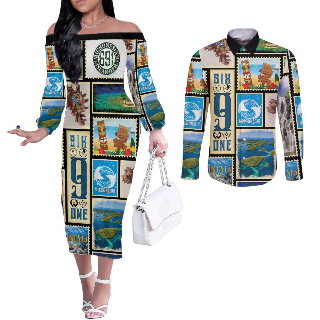 FSM Micronesia Culture Couples Matching Off The Shoulder Long Sleeve Dress and Long Sleeve Button Shirt