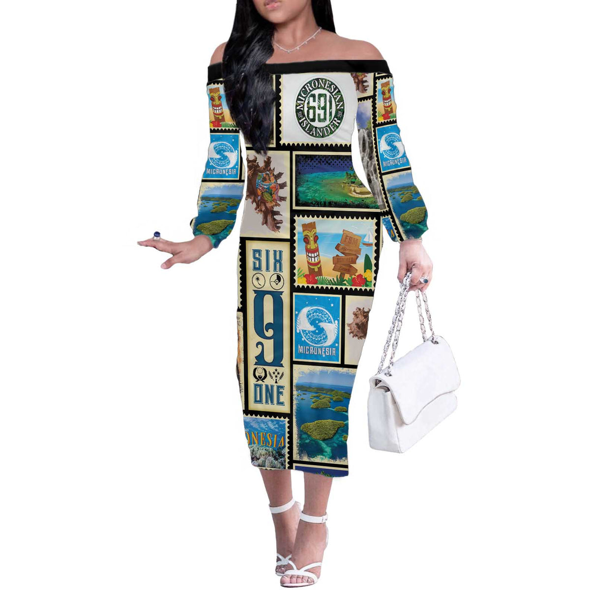 FSM Micronesia Culture Off The Shoulder Long Sleeve Dress
