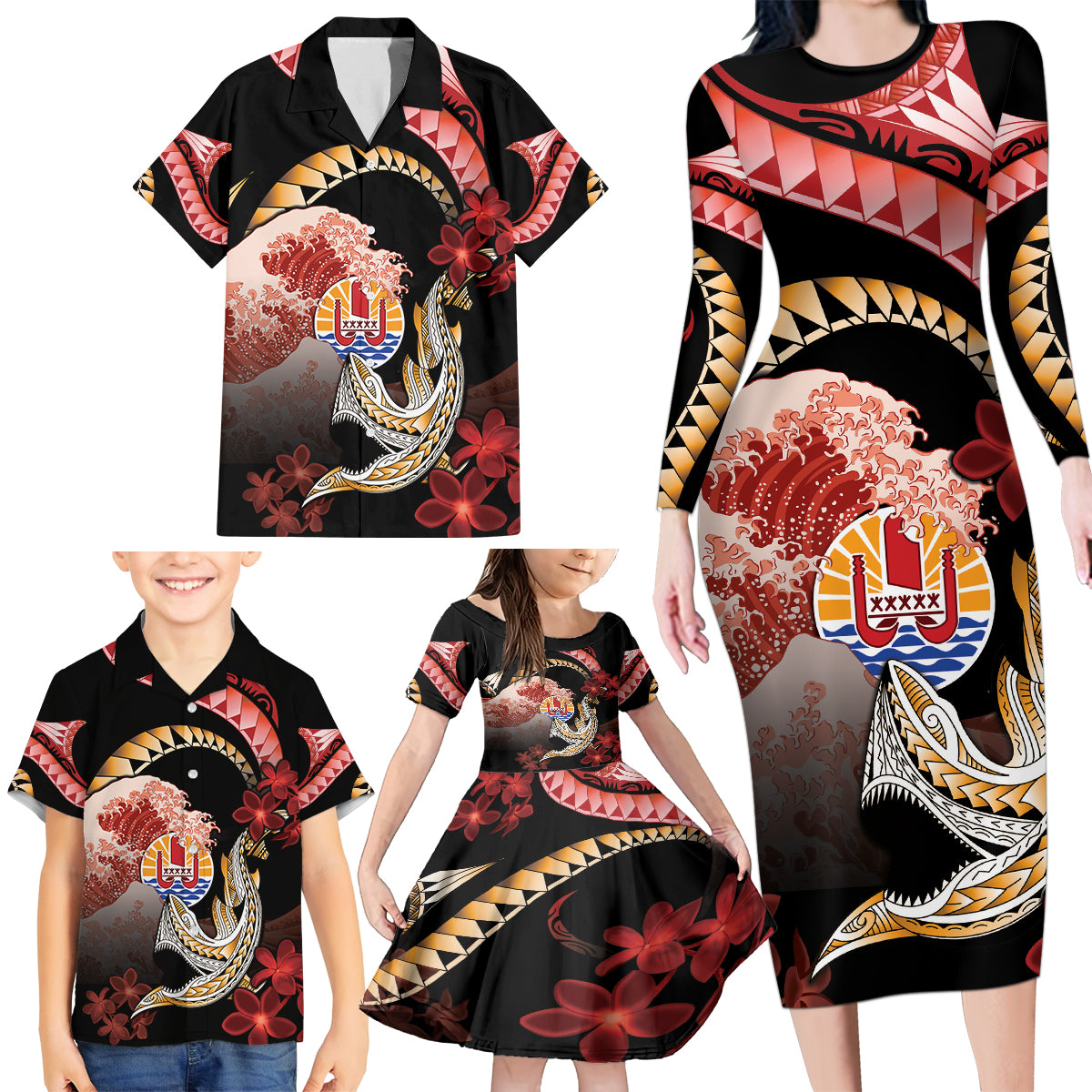 Personalised French Polynesia Victory Day Family Matching Long Sleeve Bodycon Dress and Hawaiian Shirt Polynesian Pattern Plumeria LT05 - Polynesian Pride
