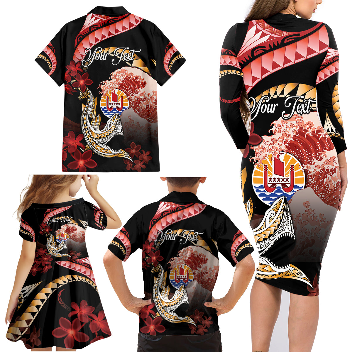 Personalised French Polynesia Victory Day Family Matching Long Sleeve Bodycon Dress and Hawaiian Shirt Polynesian Pattern Plumeria LT05 - Polynesian Pride