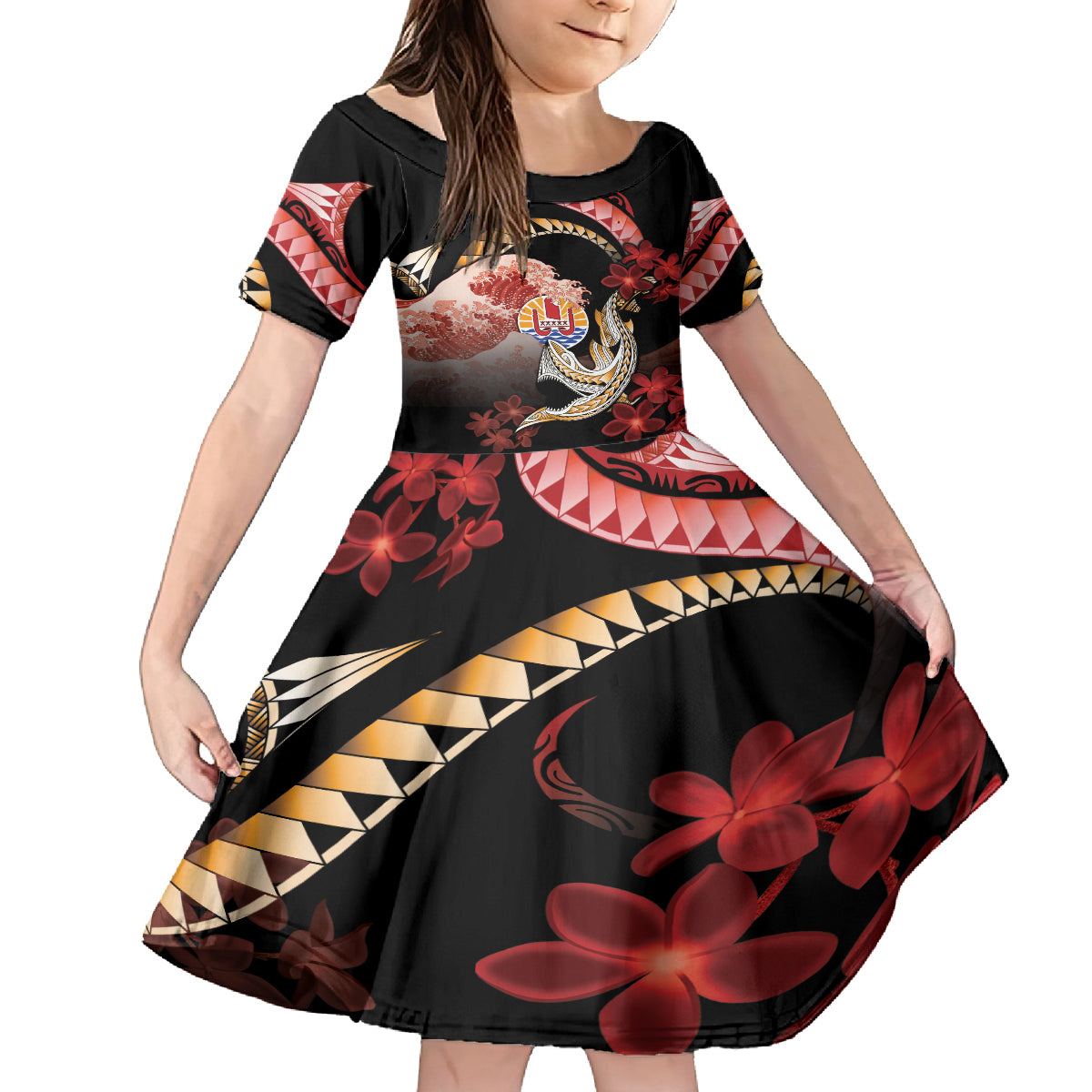 Personalised French Polynesia Victory Day Family Matching Off The Shoulder Long Sleeve Dress and Hawaiian Shirt Polynesian Pattern Plumeria LT05 Daughter's Dress Black - Polynesian Pride