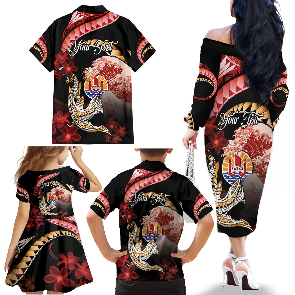Personalised French Polynesia Victory Day Family Matching Off The Shoulder Long Sleeve Dress and Hawaiian Shirt Polynesian Pattern Plumeria LT05 - Polynesian Pride