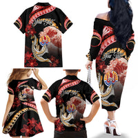 Personalised French Polynesia Victory Day Family Matching Off The Shoulder Long Sleeve Dress and Hawaiian Shirt Polynesian Pattern Plumeria LT05 - Polynesian Pride