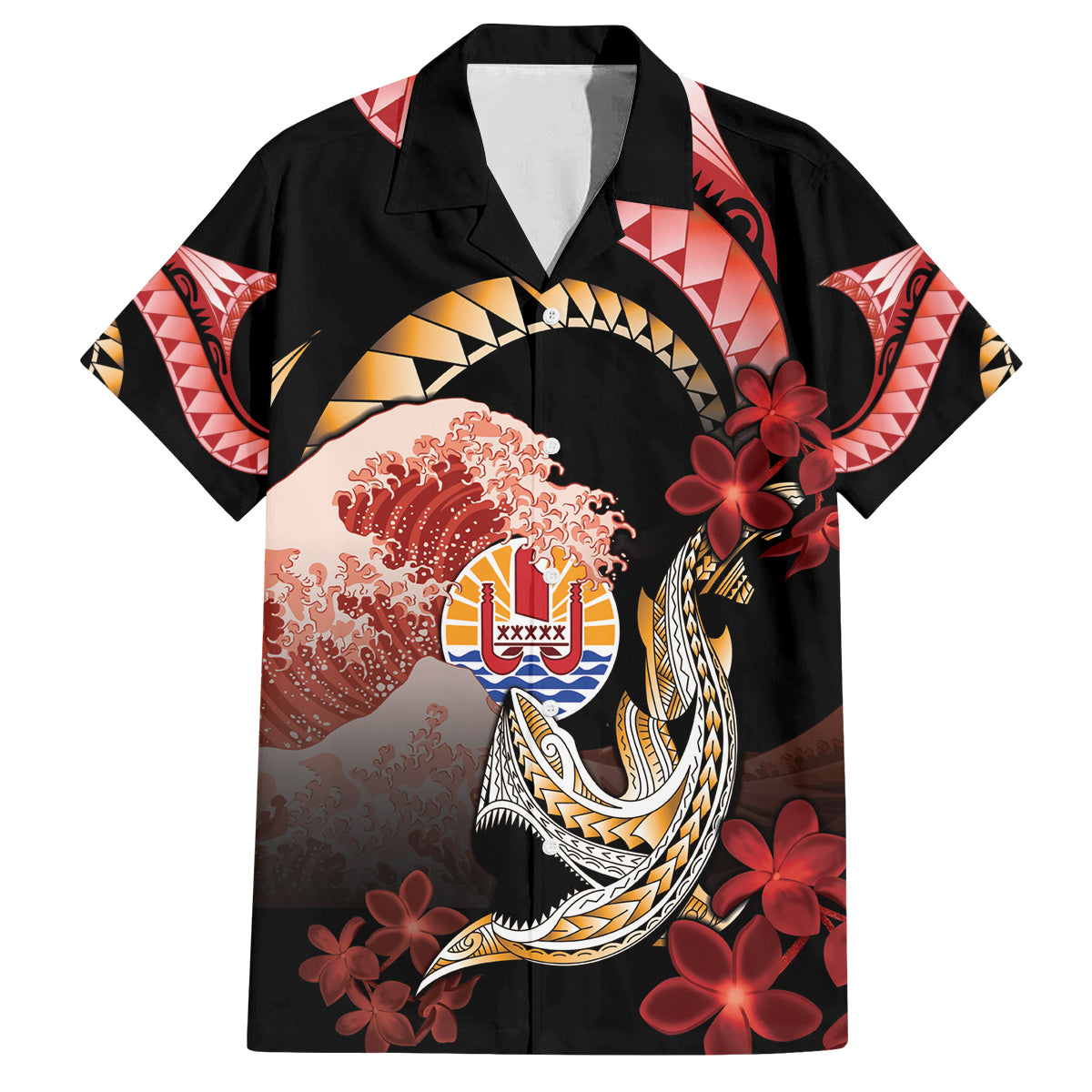 Personalised French Polynesia Victory Day Family Matching Off The Shoulder Long Sleeve Dress and Hawaiian Shirt Polynesian Pattern Plumeria LT05 Dad's Shirt - Short Sleeve Black - Polynesian Pride