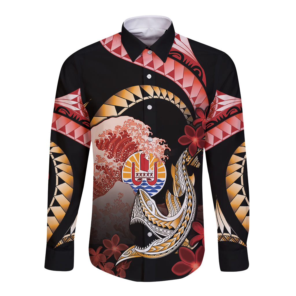 Personalised French Polynesia Victory Day Long Sleeve Button Shirt Polynesian Pattern Plumeria LT05 Unisex Black - Polynesian Pride