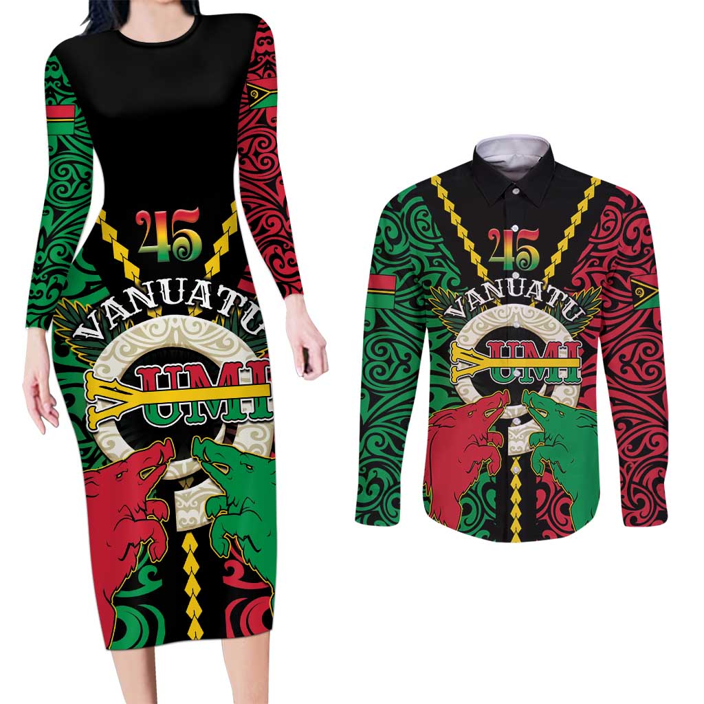 Vanuatu 45th Independence Day Couples Matching Long Sleeve Bodycon Dress and Long Sleeve Button Shirt Long God Yumi Stanap Wild Boar LT05