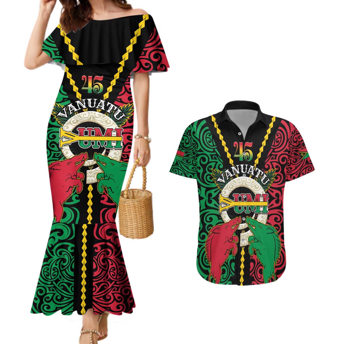 Vanuatu 45th Independence Day Couples Matching Mermaid Dress and Hawaiian Shirt Long God Yumi Stanap Wild Boar LT05