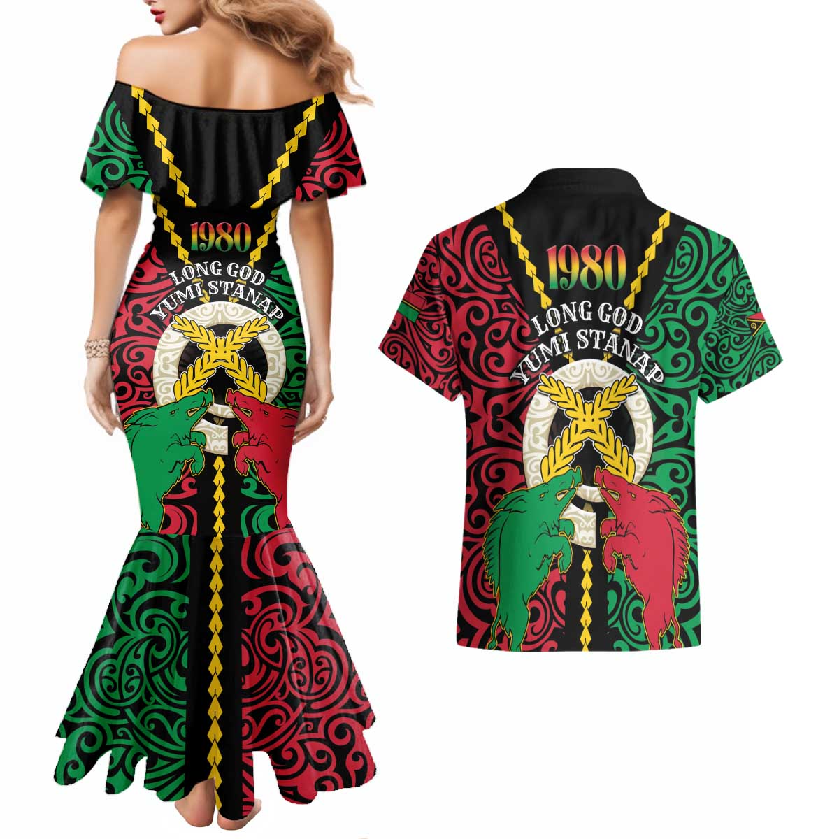 Vanuatu 45th Independence Day Couples Matching Mermaid Dress and Hawaiian Shirt Long God Yumi Stanap Wild Boar LT05