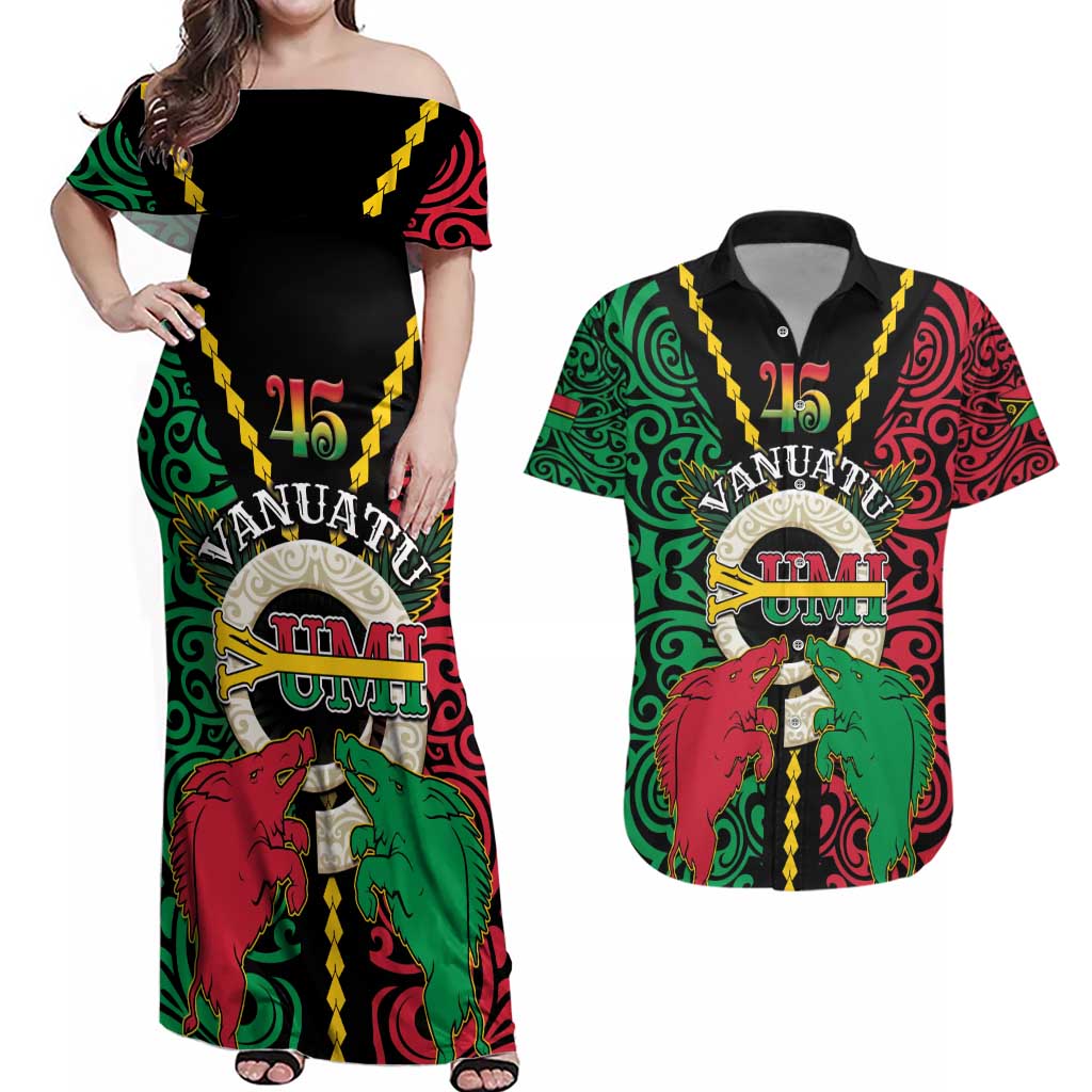 Vanuatu 45th Independence Day Couples Matching Off Shoulder Maxi Dress and Hawaiian Shirt Long God Yumi Stanap Wild Boar LT05