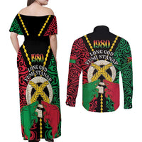 Vanuatu 45th Independence Day Couples Matching Off Shoulder Maxi Dress and Long Sleeve Button Shirt Long God Yumi Stanap Wild Boar LT05