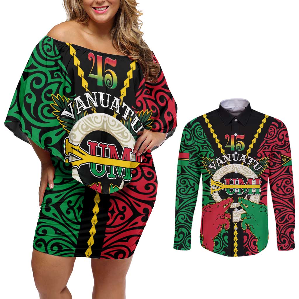 Vanuatu 45th Independence Day Couples Matching Off Shoulder Short Dress and Long Sleeve Button Shirt Long God Yumi Stanap Wild Boar LT05
