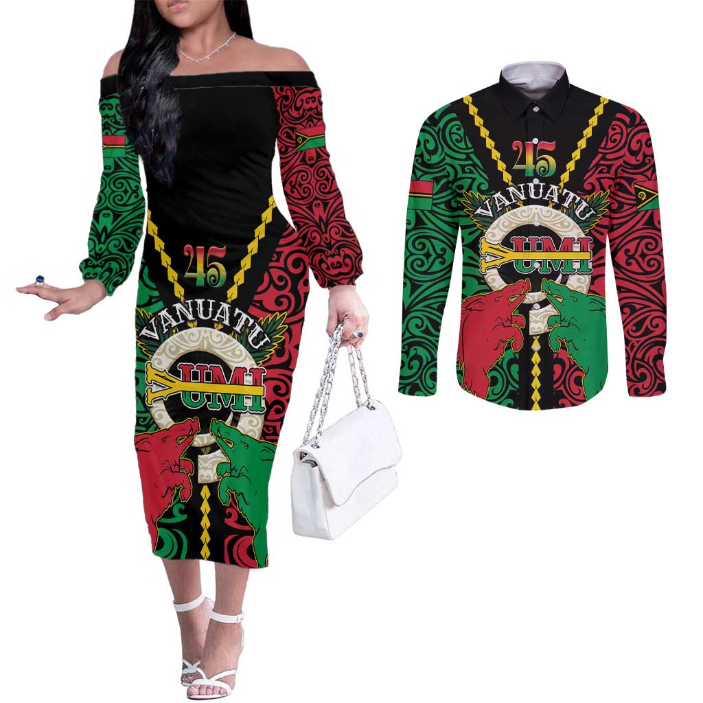 Vanuatu 45th Independence Day Couples Matching Off The Shoulder Long Sleeve Dress and Long Sleeve Button Shirt Long God Yumi Stanap Wild Boar LT05